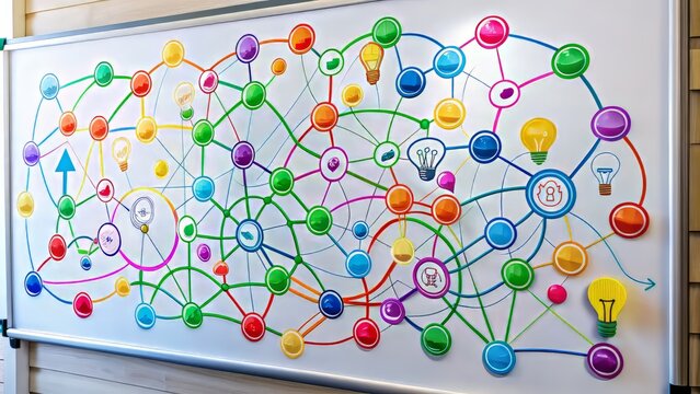Vibrant colorful mind maps on a whiteboard, filled with creative ideas, concept bubbles, and connecting lines, representing innovative thinking and brainstorming sessions.