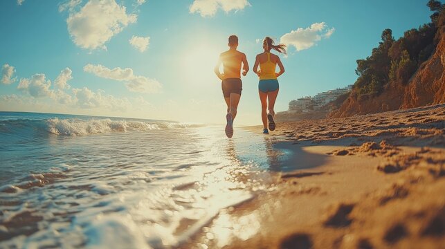 Young athletic woman and man wearing training shoes run along sunny ocean road.