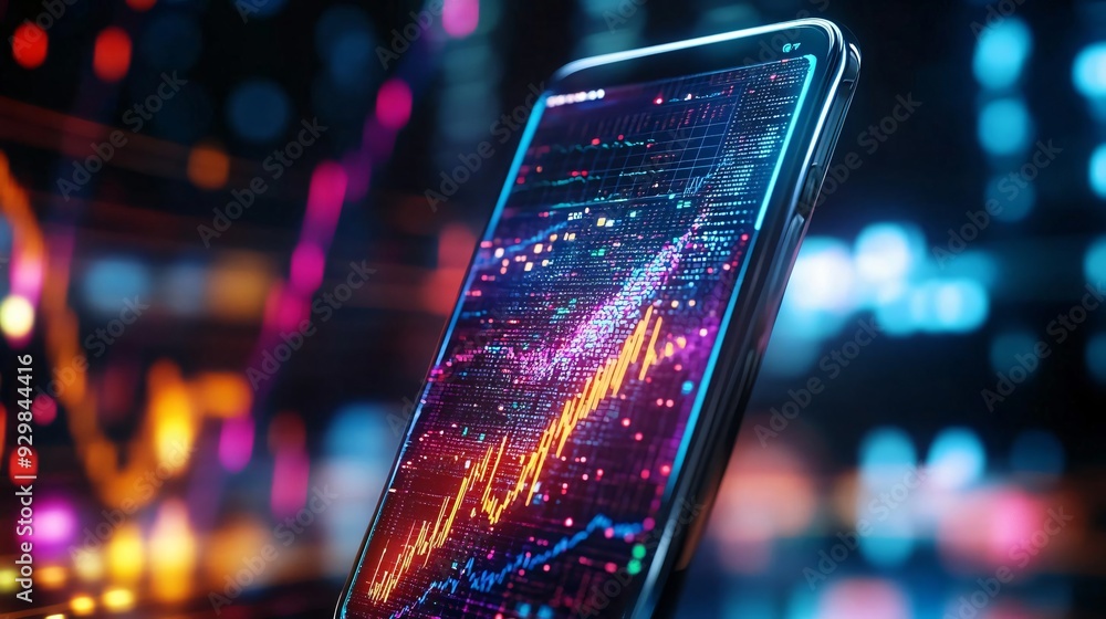 Poster a close-up of a smartphone displaying vibrant financial graphs and data analytics, symbolizing moder