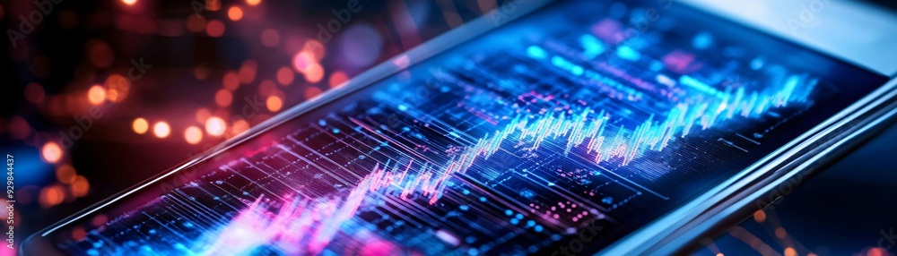 Poster a close-up view of a smartphone screen displaying vibrant data analytics and trends, symbolizing dig