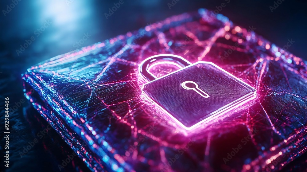 Poster a futuristic digital lock design with vibrant neon colors, symbolizing cybersecurity and data protec