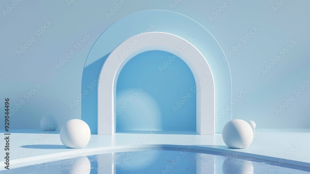 Poster The design features a blue backdrop with an arch and spherical elements placed around a reflective surface, creating a tranquil atmosphere
