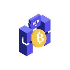 Crypto trading robot isometric illustration isolated on white background. 
