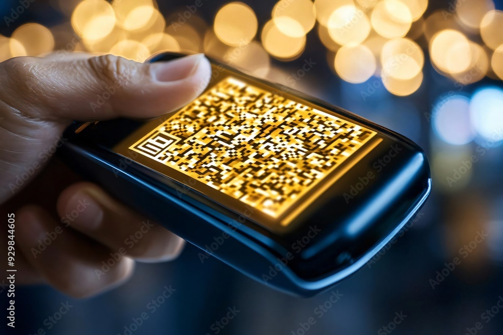 Poster a hand holding a smartphone displaying a golden qr code with blurred lights in the background, symbo