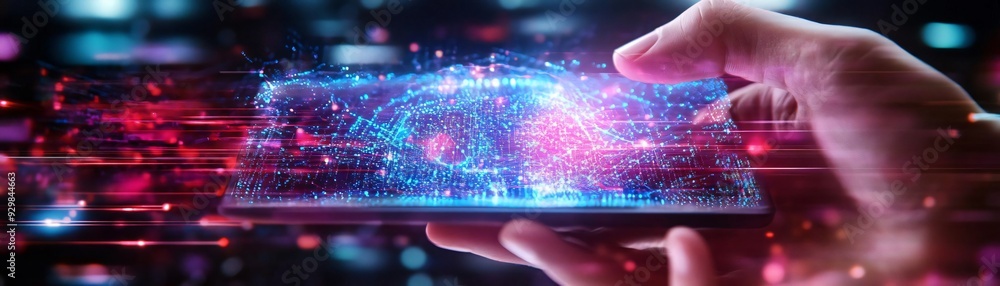 Poster a hand holding a smartphone displaying vibrant digital data with glowing particles, symbolizing tech