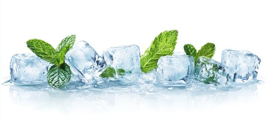 Close up transparent stack ice cubes with fresh mint leaves on white background