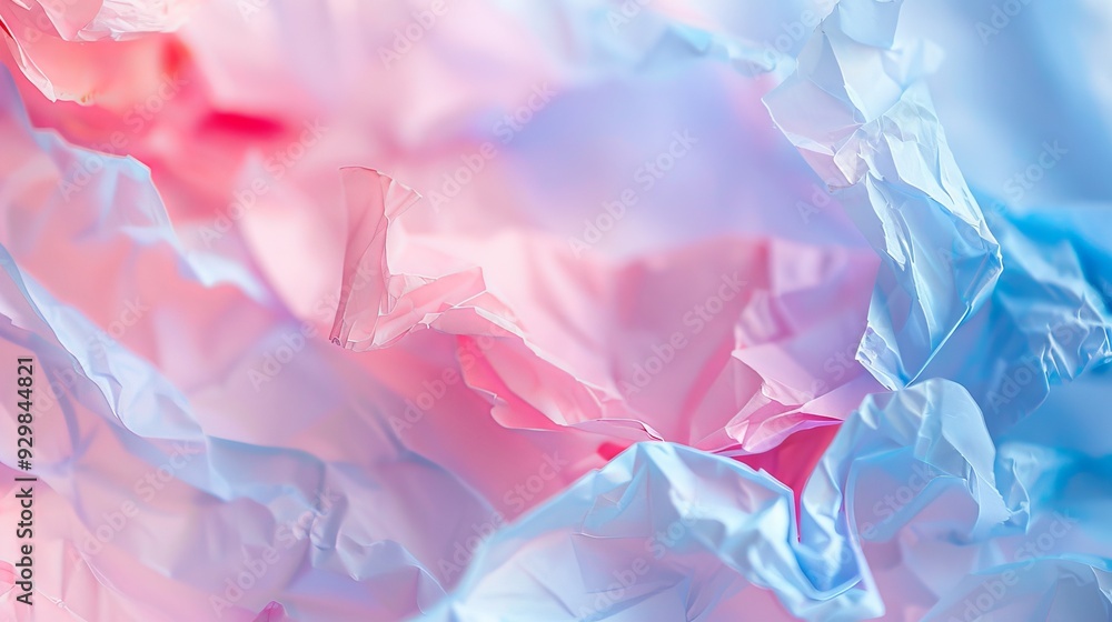 Poster A colorful arrangement of crumpled red and blue paper creates a textured visual effect against a diffused background