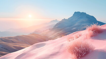 Pastel landscape with hills and panoramic view of the horizon. Pink and blue print with beautiful view of the mountainPink background of women blog for text signs design. Panoramic wallpaper for girls