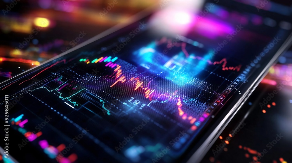 Poster close-up of a smartphone displaying vibrant financial data and stock market trends with colorful gra