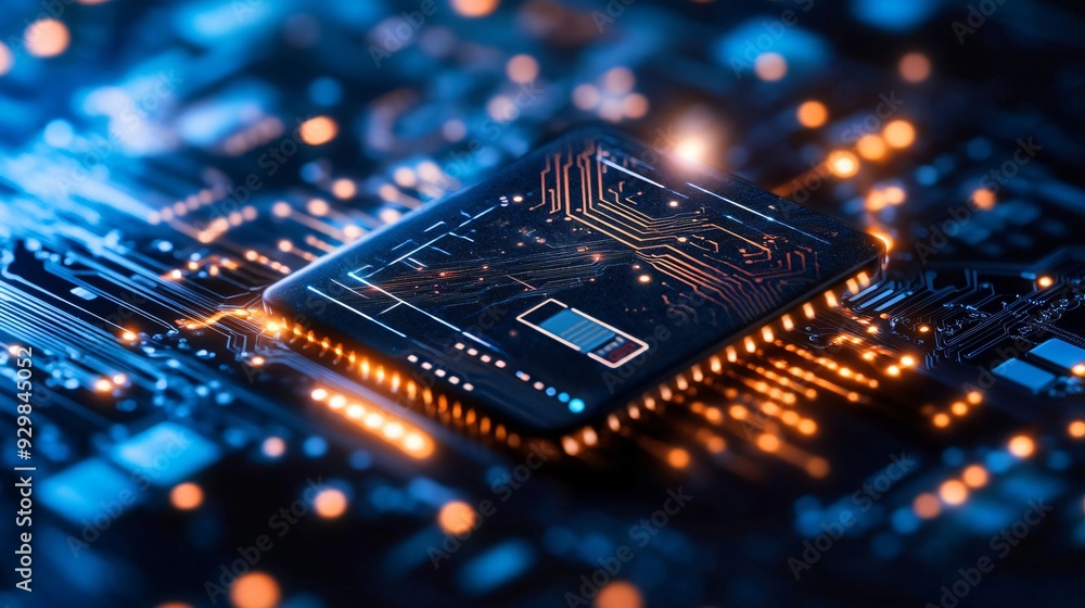 Poster close-up view of a modern processor chip surrounded by glowing electronic components, perfect for te