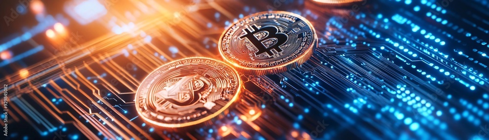Poster Digital representation of cryptocurrency coins with vibrant network background showcasing blockchain technology.