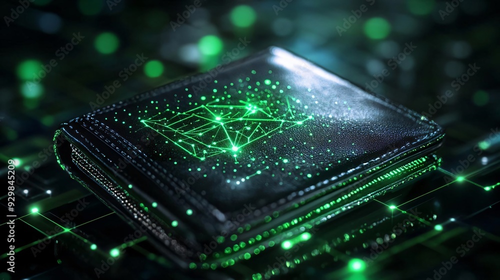 Poster futuristic digital wallet design featuring glowing graphics and intricate patterns, perfect for fina