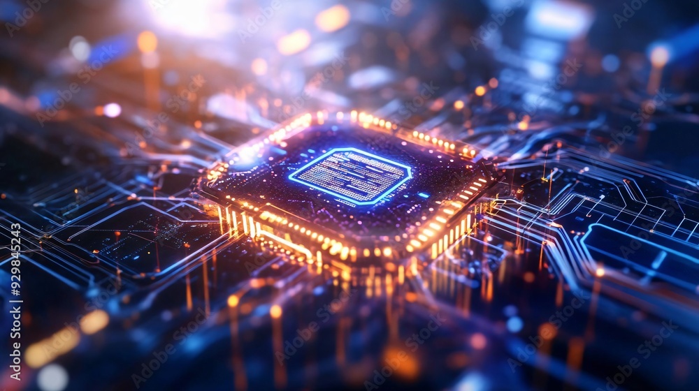 Poster futuristic microprocessor with glowing circuits and intricate details, showcasing advanced technolog