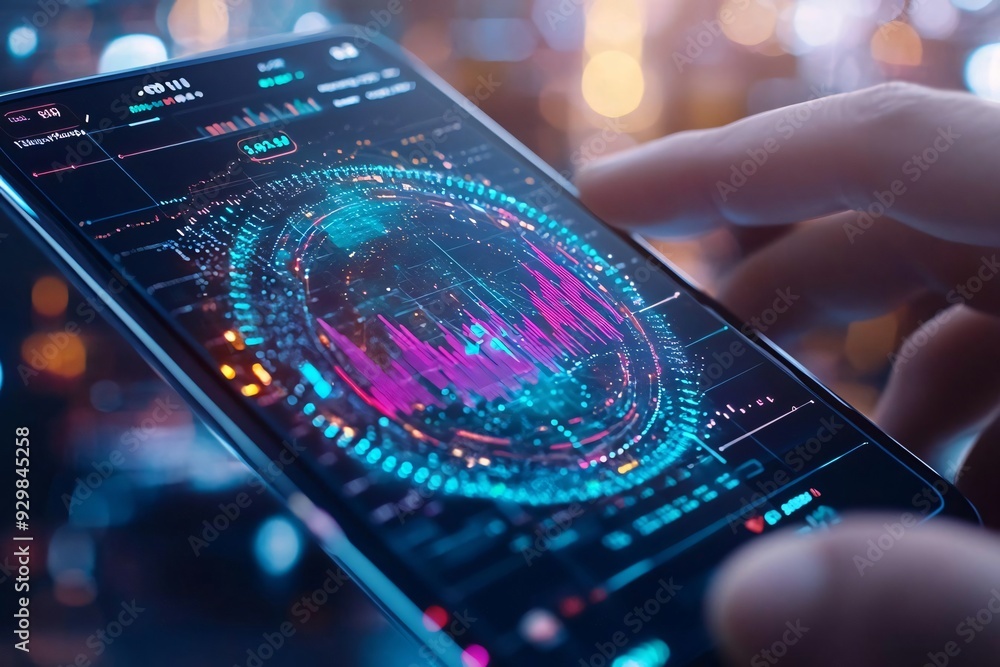 Poster futuristic mobile device displaying vibrant data visualizations and graphs, symbolizing technology a