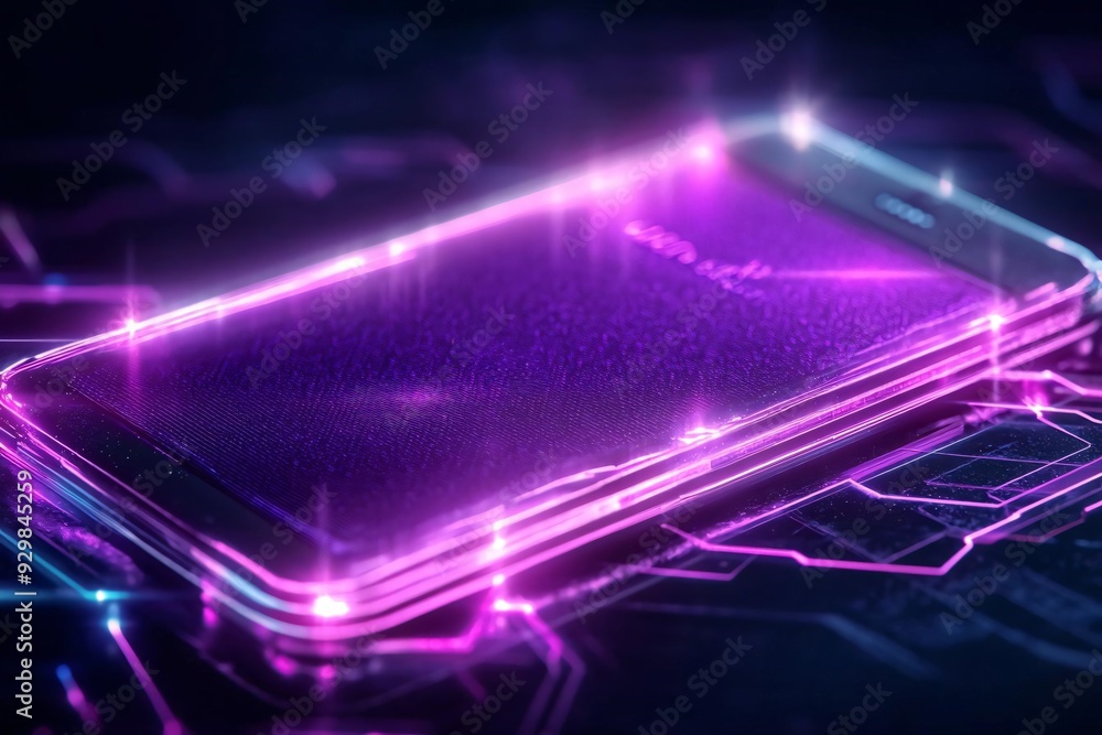 Poster futuristic smartphone design with neon lights and circuit patterns, representing advanced technology