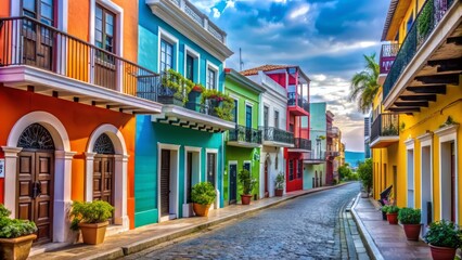 Obraz premium Vibrant colorful streets of Old San Juan, Puerto Rico, lined with historic buildings, balconies, and shutters, showcasing rich cultural heritage and tropical Caribbean charm.