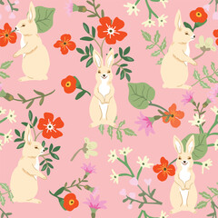 Obraz premium Cute brown hare rabbit bunny in flower garden seamless pattern