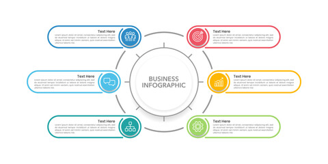 Naklejka premium 6 process or option infographics. Infographic circle line design template Business presentation, Organization, Workflow, System, Framework, Planning and Strategy. Vector illustration.
