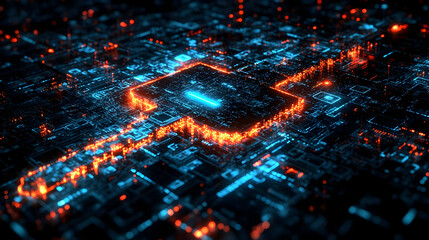 Obraz premium A vibrant digital circuit board with glowing elements.