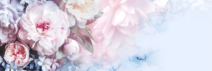 Horizontal banner with delicate pastel peonies on a white background. Greeting card, wedding invitation, Banner with copyspace