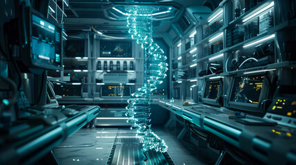 Fototapeta premium Futuristic Laboratory with Glowing DNA Helix