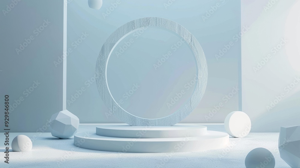 Poster a minimalist stage features a light blue backdrop, circular frame, and scattered geometric shapes, c