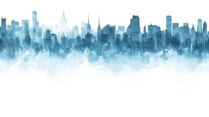 Obraz premium seamless pattern, A serene watercolor skyline featuring skyscrapers emerging from a misty backdrop, creating a calming urban atmosphere.