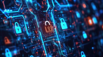 Fototapeta premium Cybersecurity Network with Glowing Padlocks