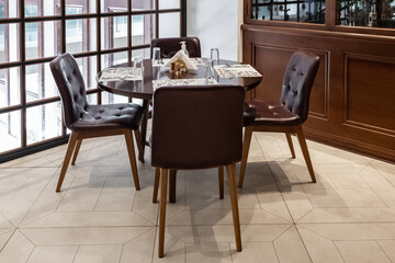 Restaurant interior and furniture. Close up Elegant Tabletop Setting Design