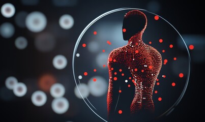 A simple flat silhouette of an individual with many small red dots covering their skin, Monkeypox virus, mpox