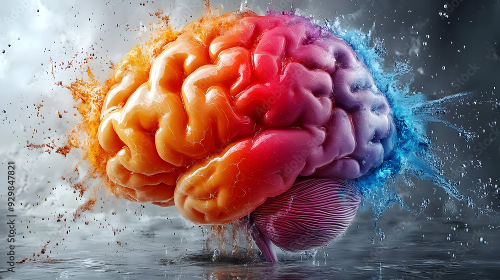 Poster a vibrant, artistic representation of a brain with splashes of color.