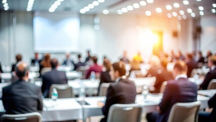 Unfocused Meeting Presentation Area - Out-of-focus background of a meeting presentation area with minimal details.
