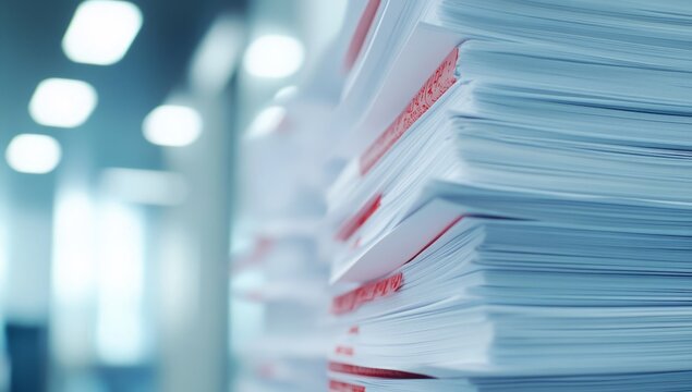 Stacks of papers bound by red paper clips in an office environment, representing the accumulation and organization of important documents for efficient workflow.