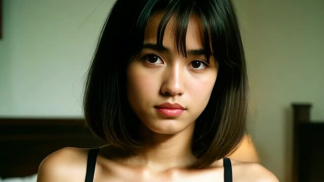 Sexy 20s Asian girl sitting in bedroom at home in black underwear. Beautiful women with short black hair. Bob hairstyle. Pretty cute female looking at camera, portrait close up. Bed background.