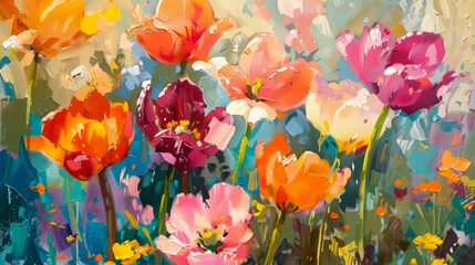 Vibrant Oil Painting of Colorful Flowers in a Garden