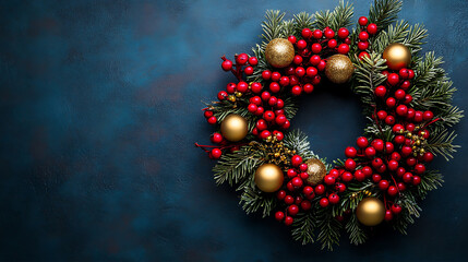 Christmas wreath with red berries and golden balls on a classic navy blue background