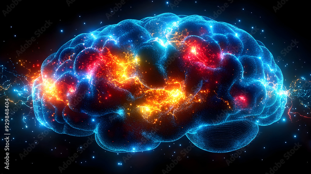 Poster a vibrant, glowing representation of a brain with neural activity.