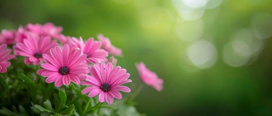  A group of pink blooms atop a verdant plant, juxtaposed against a blurred backdrop