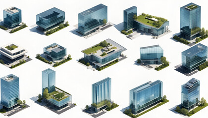 Modern Sustainable Office Buildings with Green Roofs and Glass Facades.