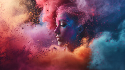 focus on a woman surrounded by a vibrant cloud of powder, showcasing the powder explosion effect.