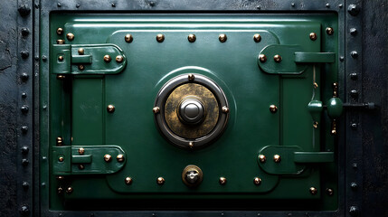 A vintage green safe with brass accents and locking mechanism.