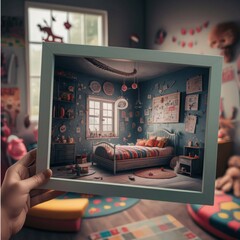 White cozy children room interior background, wall mockup, 3D render 