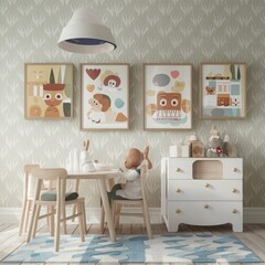 White cozy children room interior background, wall mockup, 3D render 