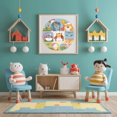 White cozy children room interior background, wall mockup, 3D render 