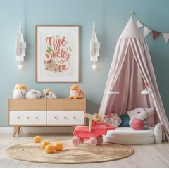 White cozy children room interior background, wall mockup, 3D render 