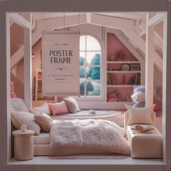 White cozy children room interior background, wall mockup, 3D render 