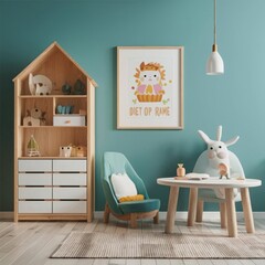 White cozy children room interior background, wall mockup, 3D render 
