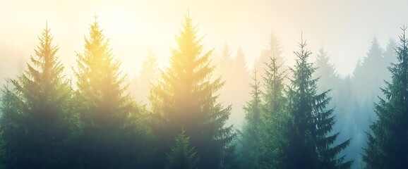 Sunbeams through misty forest with tall evergreen trees.