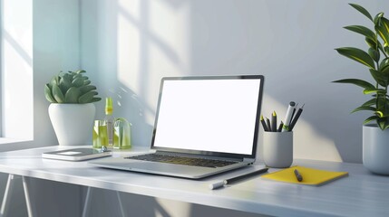 Fototapeta premium A laptop is open on a desk with a yellow background