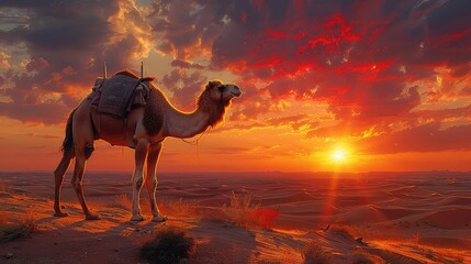 Camel in the desert on a sunny day.